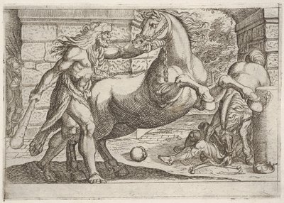 Hercules and the Mares of Diomedes: Hercules griber tøjlen på en opvoksende hest, en sekund..., 1608. af Antonio Tempesta