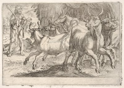 Hercules and the Oxen of Geryones: Med en kølle løftet af sin højre hånd konfronterer Hercules..., 1608. af Antonio Tempesta