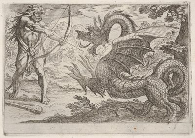 Hercules and the Serpent Ladon: Hercules trækker sin bue, den opdrættende slange dukker op i pro..., 1608. af Antonio Tempesta