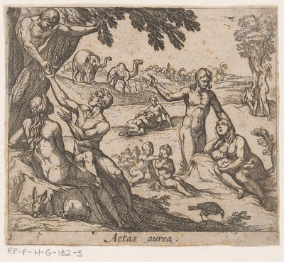 Guldalderen Aetas aurea (titel på objekt) Metamorphoseon sive transformationum (serietitel) Metamorphoses of Ovid (serietitel) af Antonio Tempesta