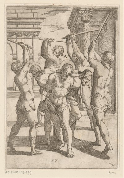 Slag af tre helgener med bundet ryg Tortur udsat af kristne martyrer (serietitel) Varia tormentorum et supplicioru crudelium (...) (serietitel) af Antonio Tempesta