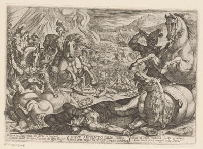 Josva lammer hestene og brænder nationernes vogne Iosue absoluto bello crura hostium equis amputat, currus comburit (titel på objekt) Det Gamle Testamentes kampscener (serietitel) af Antonio Tempesta