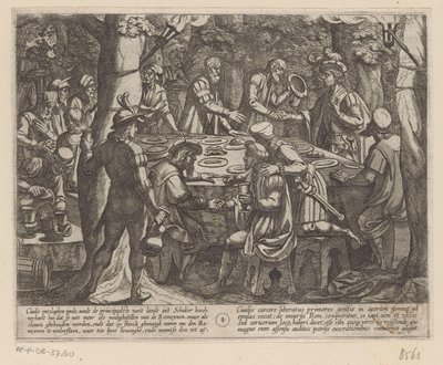 Julius Civilis fortæller de hollandske ældre, at de bliver behandlet som slaver af romerne De bataviske krige mod romerne (serietitel) Batavorum cum Romanis Bellum (serietitel) af Antonio Tempesta