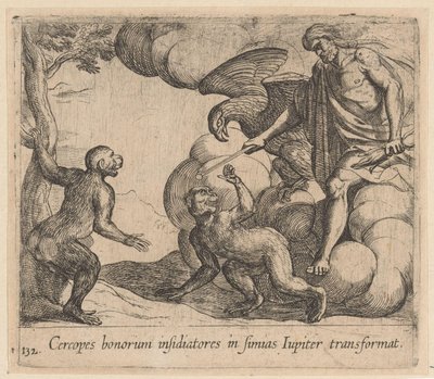 Jupiter forvandler Cercopes til en abe Jupiter forvandler det godes belejrere til aber (titel på objekt) Metamorfoseon eller transformationer (serietitel) Metamorfosen van Ovidius (serietitel) af Antonio Tempesta