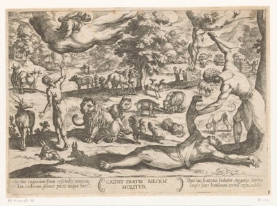 Kain dræber Abel Cainus fratri necem molitur (titel på objekt) Det Gamle Testamentes kampscener (serietitel) af Antonio Tempesta