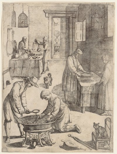 Mænd og kvinder, der vejer, siler og koger bouillon af Antonio Tempesta
