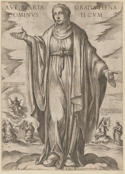 Maria Hil dig Maria, fuld af nåde, Herre med dig (titel på objekt) Kristus, Maria og apostlen (serietitel) af Antonio Tempesta