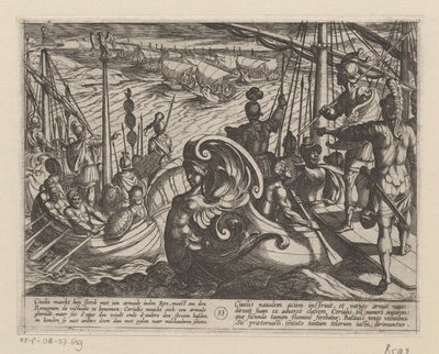 hollandske og romerske skibe på Rhinen De bataviske krige mod romerne (serietitel) Batavorum cum Romanis Bellum (serietitel) af Antonio Tempesta