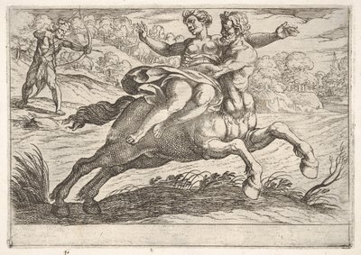 Nessus forsøger at tage Dejanira fra Hercules: Nessus holder Dejanira tilbage på ryggen, 1608. af Antonio Tempesta