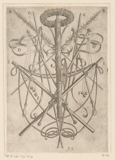 Ornament med torturværktøj Tortur udsat af kristne martyrer (serietitel) Varia tormentorum et supplicioru crudelium (...) (serietitel) af Antonio Tempesta