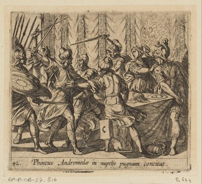 Phineus verstoort brylluppet af Perseus en Andromeda Phineus provokerer Andromeda til at kæmpe ved hendes bryllup (titel på objekt) Metamorfoseon eller transformationer (serietitel) Metamorfosen van Ovidius (serietitel) af Antonio Tempesta