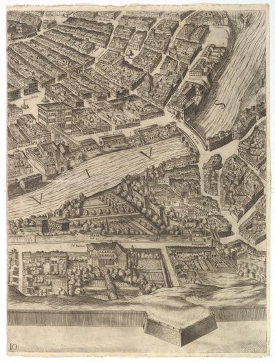Plan for byen Rom. Del 10 med Tiberen og Villa Farnesina, 1645. af Antonio Tempesta