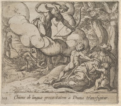 Plade 105: Diana retter sin bue mod Chione, som er ledsaget af to børn, i en anden..., 1606. af Antonio Tempesta