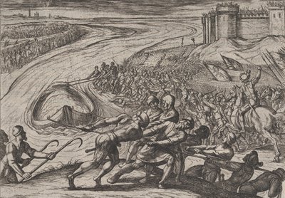 Plade 12: At trække et kar fyldt med korn til land, fra The War of the Romans Against ..., 1611. af Antonio Tempesta