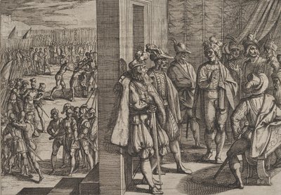 Plade 18: Civilis hemmelige møde med andre ledere fra Trier, fra The War of the Rom..., 1611. af Antonio Tempesta