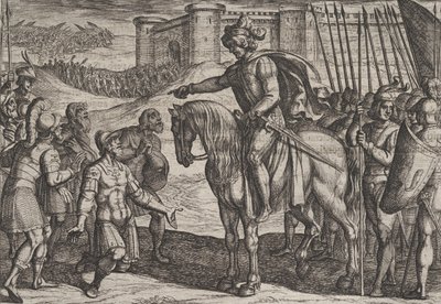 Plade 19: Mænd fra fæstningen overgiver sig og lover deres liv til Civilis, fra krigen ..., 1611. af Antonio Tempesta