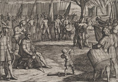Plade 20: Civilis, der klipper sit hår, fra The War of the Romans Against the Batavians R..., 1611. af Antonio Tempesta