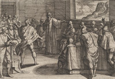 Plade 23: Konference om, hvilke skridt der skal tages over for romernes nye tropper, der nærmer sig ..., 1611. af Antonio Tempesta