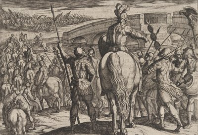 Plade 24: De nye romerske troppers fremskudsvagt vendte tilbage, fra The War of the Roman..., 1611. af Antonio Tempesta