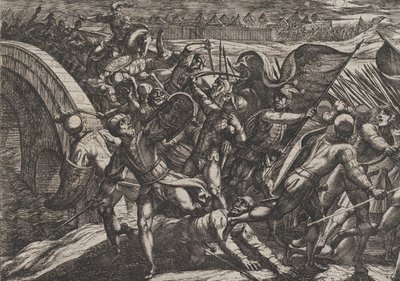 Plade 27: Hollænderne under et overraskende angreb af den romerske lejr ved Mosel, fra The Wa..., 1611. af Antonio Tempesta