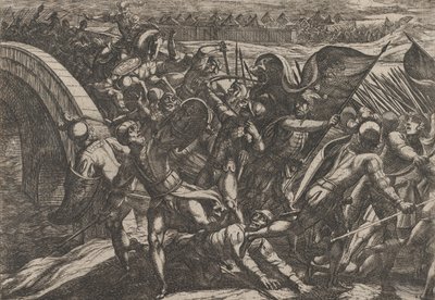 Plade 27: Hollænderne under et overraskende angreb af den romerske lejr ved Mosel, fra The Wa..., 1611. af Antonio Tempesta