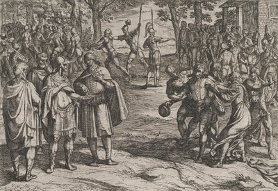 Plade 2: Romerne tager gamle hollandske mænd som gidsler og forfører unge, fra krigen..., 1611. af Antonio Tempesta