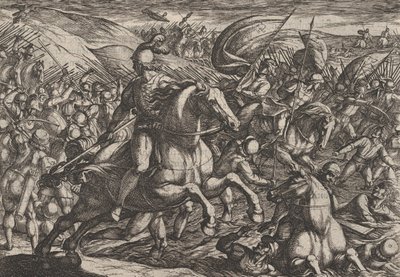 Plade 30: Cerialis driver hollænderne ind i Rhinen, fra The War of the Romans Against th..., 1611. af Antonio Tempesta