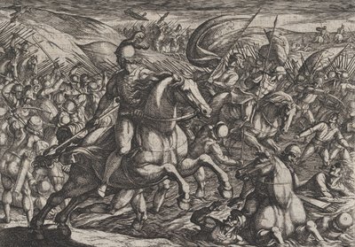 Plade 30: Cerialis driver hollænderne ind i Rhinen, fra The War of the Romans Against th..., 1611. af Antonio Tempesta
