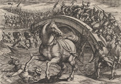 Plade 31: Civilis tvunget til at stige af og svømme over floden, fra The War of the Romans..., 1611. af Antonio Tempesta