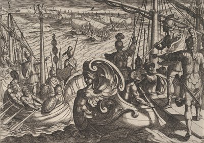 Plade 33: Hollandske og romerske flotiller på Rhinen, fra The War of the Romans Against the B..., 1611. af Antonio Tempesta