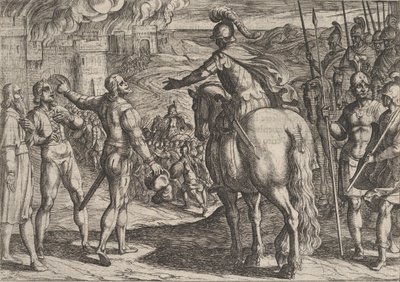 Plade 34: Romerne brænder det hollandske landskab, fra The War of the Romans Against the..., 1611. af Antonio Tempesta
