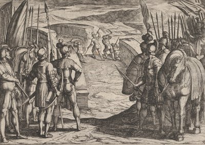 Plade 35: Bataverne bliver bange og begynder fredssamtaler, fra The War of the Romans Ag..., 1611. af Antonio Tempesta
