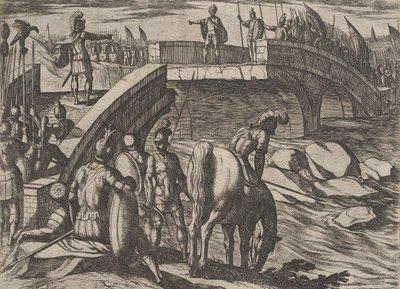 Plade 36: Civilis og Cerialis mødes på en knust bro for at nå til enighed, fra The War of..., 1611. af Antonio Tempesta