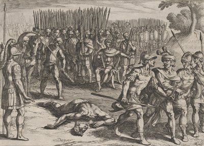 Plade 3: Claudius Civilis arresteret og hans bror Paulus halshugget, fra The War of the Ro..., 1611. af Antonio Tempesta