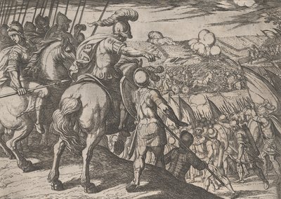 Plade 5: Alexander dirigerer et slag, fra Alexander den Stores gerninger, 1608., af Antonio Tempesta