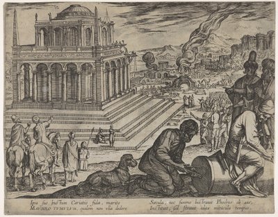 Plade 5: Mausolus grav, stenhuggere laver en søjle til højre, fra De syv vidundere..., 1608. af Antonio Tempesta