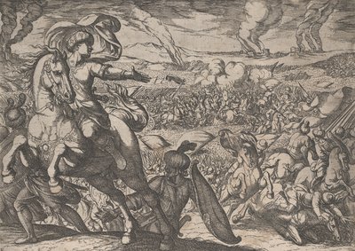 Plade 6: Darius flygter fra slagmarken, fra Alexander den Stores gerninger, 1608. af Antonio Tempesta