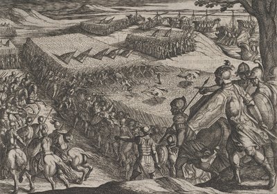 Plade 6: Romerne besejret nær Rhinen, fra The War of the Romans Against the Batavians ..., 1611. af Antonio Tempesta