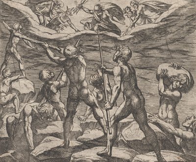 Plade 6: Kæmperne forsøger at storme Olympus Gigantomachia, fra Ovids 