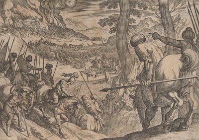 Plade 8: Alexander omringer fjendens tropper med ild, fra The Deeds of Alexander the ..., 1608. af Antonio Tempesta