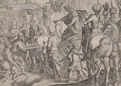 Plade 9: Alexanders triumferende indtog i Babylon, fra Alexander den Stores gerninger, ..., 1608. af Antonio Tempesta