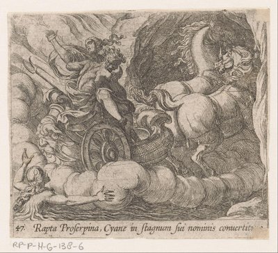 Pluto fortærer Proserpina, der sygner ud af nymfen Cyane Bortført af Proserpina bliver Cyane forvandlet til sin egen pool (titel på objektet) Metamorfoseon eller transformationer (serietitel) Metamorfosen van Ovidius (serietitel) af Antonio Tempesta