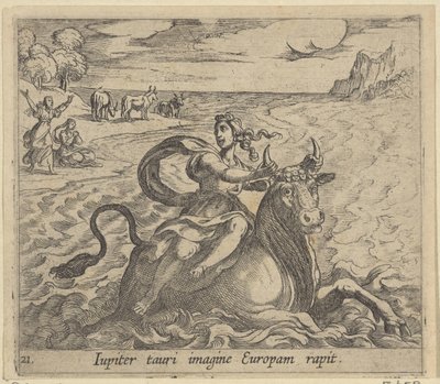 Tagvogn Europa Jupiter fanger Europa på billedet af en tyr (titel på objekt) Metamorphoseon size transformational (serietitel) Metamorfosen van Ovidius (serietitel) af Antonio Tempesta