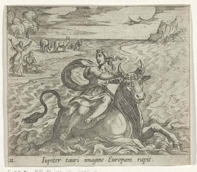 Tagvogn Europa Jupiter fanger Europa på billedet af en tyr (titel på objekt) Metamorphoseon size transformational (serietitel) Metamorfosen van Ovidius (serietitel) af Antonio Tempesta