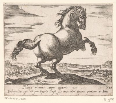 Steigerend paard naar rechts gewend Paarden uit verschiedelden landen (serietitel) Med disse ledere vil du blive fejret som en leder med en viroru-mund. af Antonio Tempesta