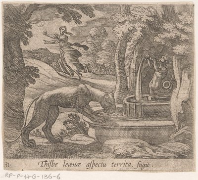 Thisbe vlucht voor the leeuwin ved bron Dette er aspektet af territoriets fugit (titel på objektet) Metamorfose og transformation (serietitel) The Metamorphoses of Ovid (serietitel) af Antonio Tempesta