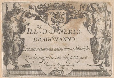 Titeltryk med kartouche med dedikation, flankeret af Minerva og Faam Jagtscener (del 1) (serietitel) af Antonio Tempesta
