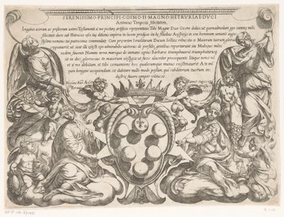 Titeltryk med dedikation til og våbenskjold af Cosimo II de