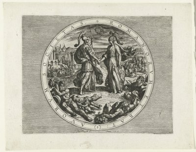 Titelprent voor de serie De Bataafse Opstand, 69-70 Society of the Romans and the Dutch (1) (titel på objektet) De Bataafse Opstand (serietitel) Hollændernes krig med romerne, à Cor. Tacito / De Batavische Oft Oude Hollandtsche Oorloghe teghen de Romeynen  af Antonio Tempesta