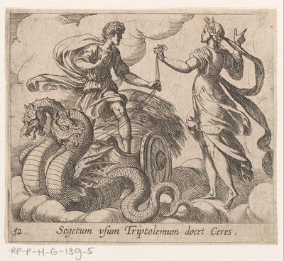 Triptolemus ontagunt de wagon van Ceres Ceres lærer Triptolemus afgrøden (titel på objekt) Metamorfoseon eller transformationer (serietitel) Metamorfosen van Ovidius (serietitel) af Antonio Tempesta
